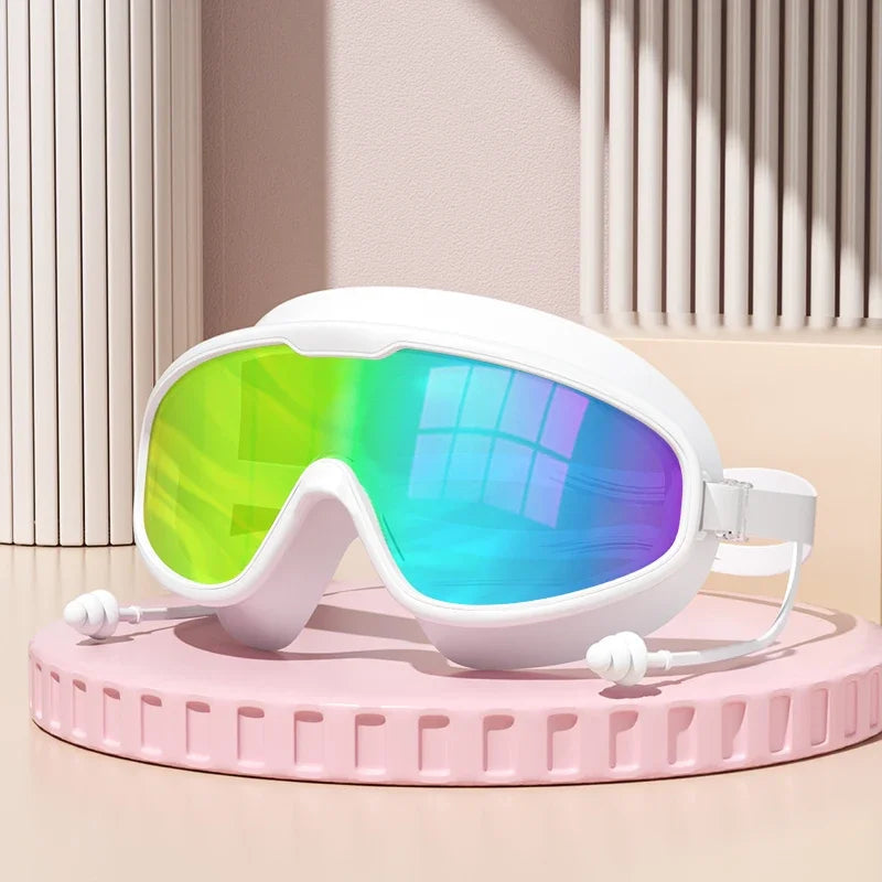 Outdoor Swimming Goggles Anti-Fog Wide View Scuba Diving Swimming Glasses with Earplugs for Adult Youth Water Diving Goggles - Color: White electroplate
