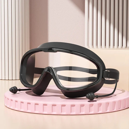 Outdoor Swimming Goggles Anti-Fog Wide View Scuba Diving Swimming Glasses with Earplugs for Adult Youth Water Diving Goggles - Color: Black clear