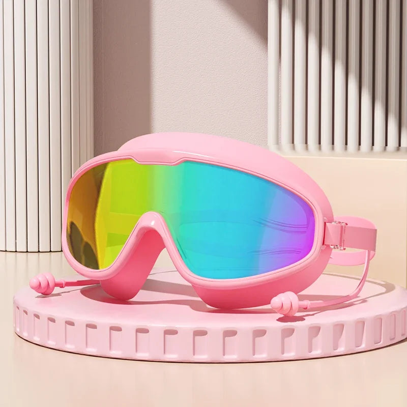 Outdoor Swimming Goggles Anti-Fog Wide View Scuba Diving Swimming Glasses with Earplugs for Adult Youth Water Diving Goggles - Color: Pink electroplate