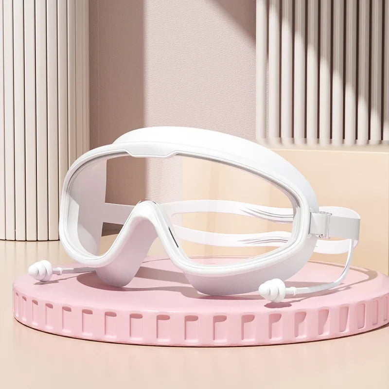 Outdoor Swimming Goggles Anti-Fog Wide View Scuba Diving Swimming Glasses with Earplugs for Adult Youth Water Diving Goggles - Color: White clear